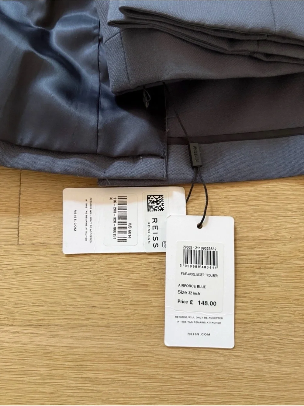 Reiss Airforce Blue Modern Fit Single Breasted Wool Full Suit | NWT | 40R / 32 W